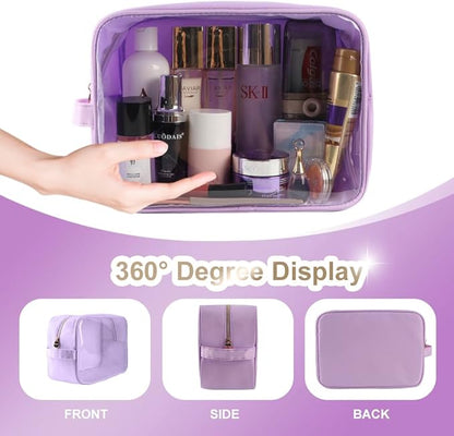 Transparent Makeup Bag Women Travel Clear Toiletry Bag TPU and Nylon Cosmetic Pouch (Extral-Large, Purple)