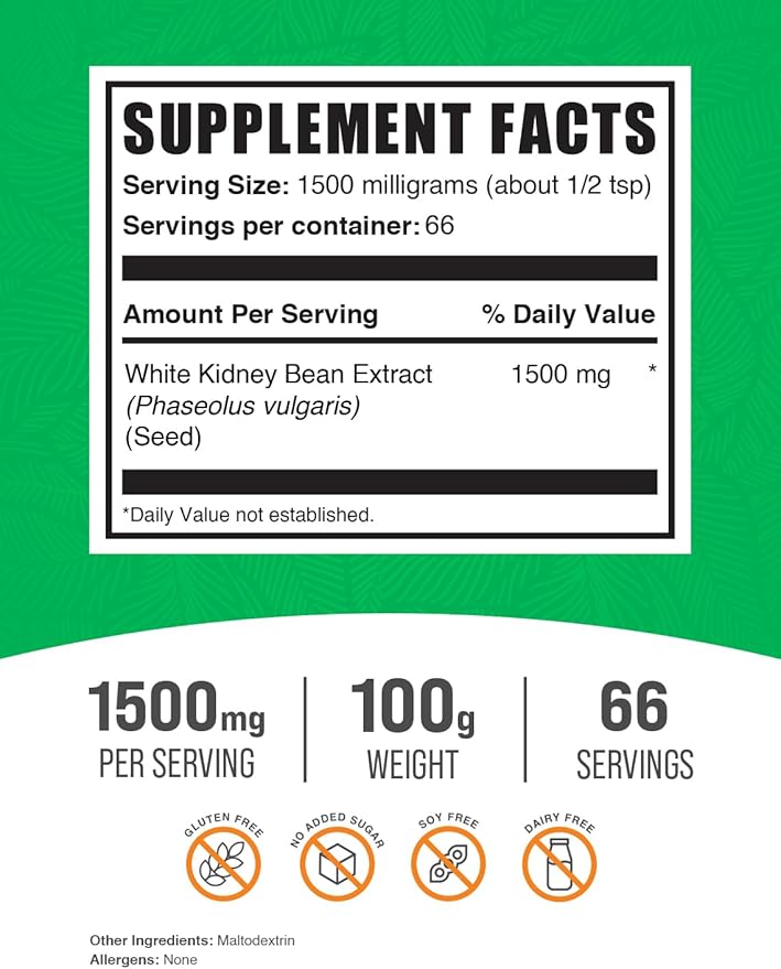 BulkSupplements.com White Kidney Bean Extract Powder - White Kidney Bean Powder, Herbal Supplement - Gluten Free, 1500mg per Serving, 100g (3.5 oz) (Pack of 1)