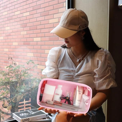 Medium Preppy Transparent Makeup Pouch Women Travel Clear TPU and Nylon Cosmetic Pouch (Medium, Pink)