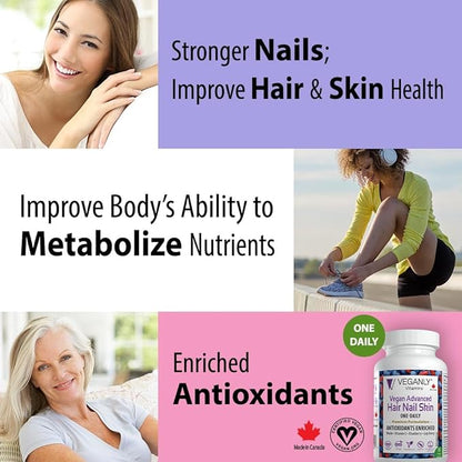 Vegan Advanced Hair Nail Skin One-Daily, 60 Veggie Caps -Antioxidant Enriched. Improve Hair, Improve Skin Health and Nail Health - Plant Based with Biotin & Natural Superfood