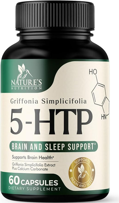 5 HTP Supplement Vegetarian Capsules 200mg 5HTP Plus Calcium for Brain Support - Extra Strength Griffonia Simplicifolia 5-HTP Formula - 5 Hydroxytryptophan - Gluten Free & Non-GMO - 60 Capsules