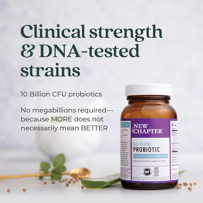 New Chapter Probiotic All-Flora - 30 ct (1 Month Supply) for Advanced Digestion & Complete Gut Health with Prebiotics + Postbiotics, Clinically Studied Strains, 100% Vegan, Non-GMO, Shelf Stable