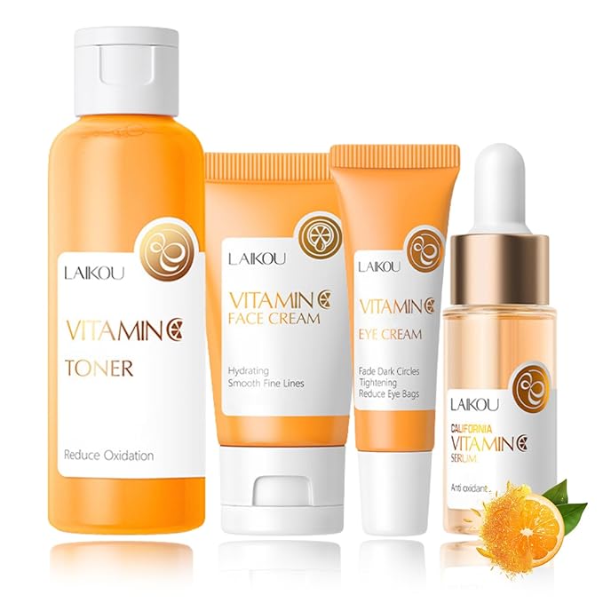 Skin Care Kit Vitamin C Women Gifts - Travel Essentials - 4PCS Antioxidant Facial Skin Care Products with Toner, Serum, Face & Eye Cream - Skincare for Girls 10-12(One Size, 4PCS Vitamin C Scent)