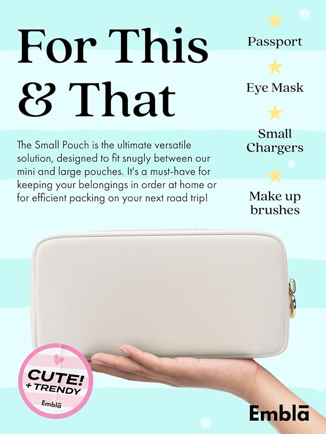Embla Makeup Bag Travel Cosmetics Pouch and Toiletry Bag, Nylon Zipper Pouch Purse, Cute Make Up Organizer Storage Tote for Women Girls, Waterproof Travel Skincare Case, Small Makeup Bags, Blanc White