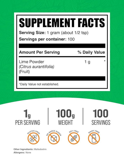 BulkSupplements.com Lime Powder - Dehydrated Lime Powder, Lime Fruit Powder, For Flavoring - Air Dried & Gluten Free, 1000mg per Serving, 100g (3.5 oz) (Pack of 1)
