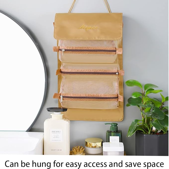 Roll Up Makeup Bag, Hanging Toiletry Bag, 4 in 1 Detachable Cosmetic Bag, 4 Removable Storage Bags, Travel Makeup Organizer Bags for Women Men(Khaki)
