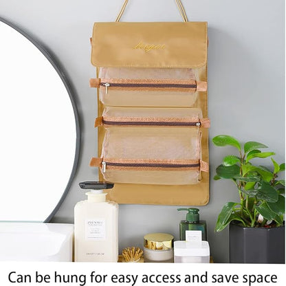 Roll Up Makeup Bag, Hanging Toiletry Bag, 4 in 1 Detachable Cosmetic Bag, 4 Removable Storage Bags, Travel Makeup Organizer Bags for Women Men(Khaki)
