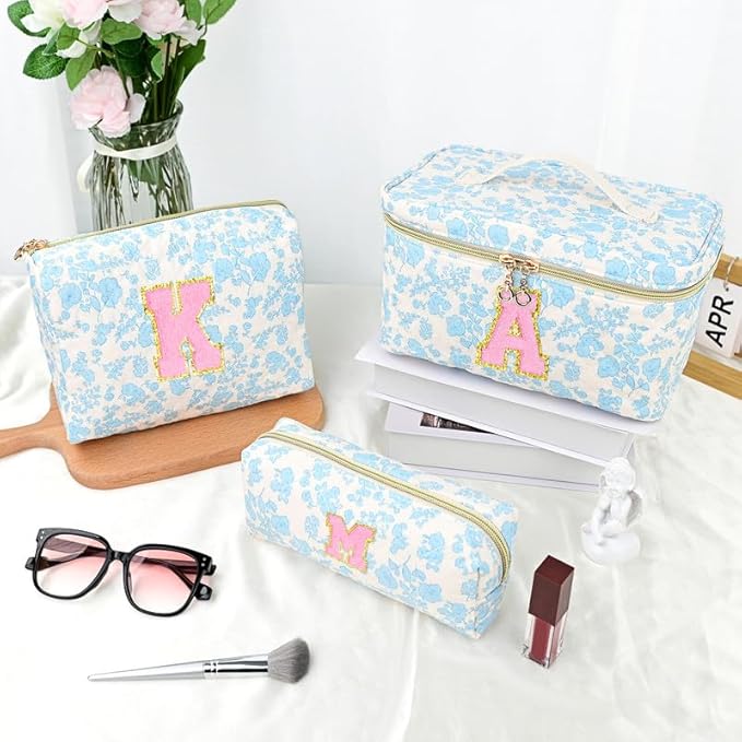 3 PCS Travel Makeup Bag Set, A-Z Initials Cotton Make up Bag Floral Quilted Cosmetic Bag for Girls and Women, Personalized Cute Toiletry Bag Travel Accessories Brushes Bag Blue - R