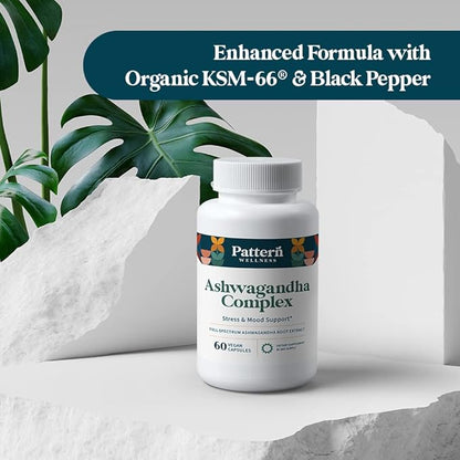 Pattern Wellness Ashwagandha Complex for Men & Women - KSM-66 & Black Pepper Extract - Whole Body & Heart Health - Supports Stress & Mood - Non-GMO - 60 Vegan Capsules