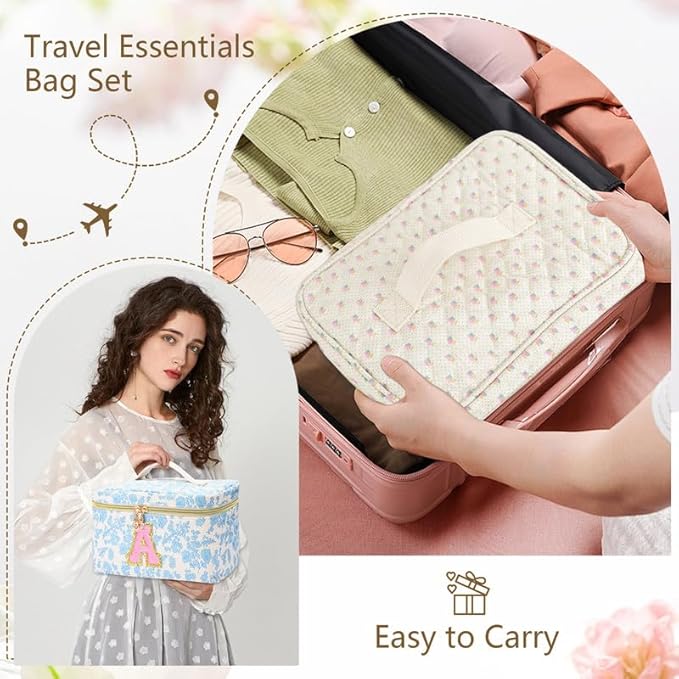 3 PCS Travel Makeup Bag Set, A-Z Initials Cotton Make up Bag Floral Quilted Cosmetic Bag for Girls and Women, Personalized Cute Toiletry Bag Travel Accessories Brushes Bag Blue - R