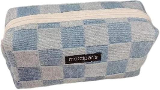 Cosmetic Bags for Women Makeup Bag Large Capacity Purse Travel Toiletry Zipper Storage Pouch Make up Brushes Organizer for Gifts (Checkered, Denim Blue)