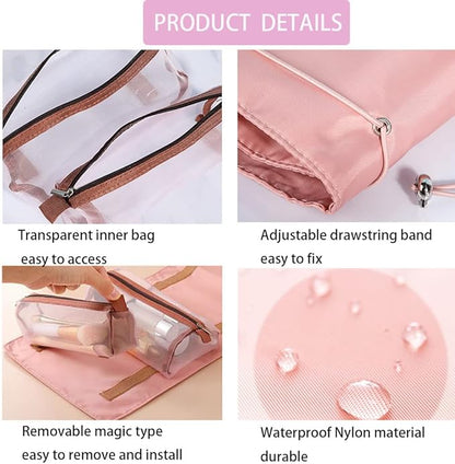 Roll Up Makeup Bag, Hanging Toiletry Bag, 4 in 1 Detachable Cosmetic Bag, 4 Removable Storage Bags, Travel Makeup Organizer Bags for Women Men(Pink)