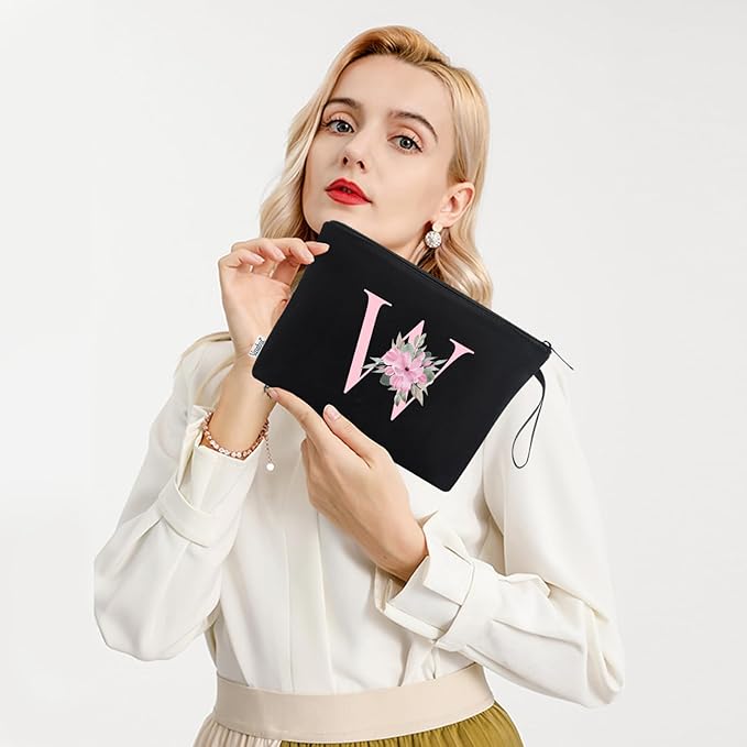 Vavabox A-Z Personalized Makeup Bag, Birthday Gifts for Women Mom, Gifts for Best Friend, Bride Bridesmaid Cosmetic bag (W, Black)