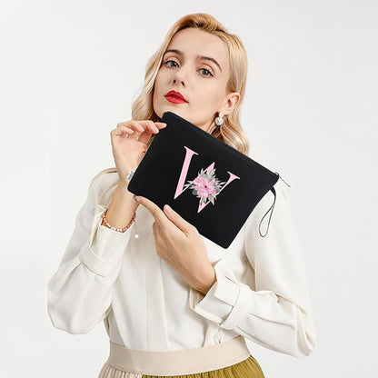 Vavabox A-Z Personalized Makeup Bag, Birthday Gifts for Women Mom, Gifts for Best Friend, Bride Bridesmaid Cosmetic bag (W, Black)