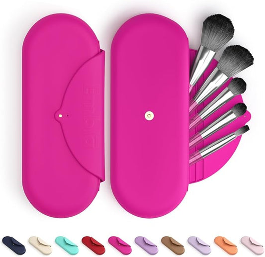 Embla Makeup Brush Holder Travel Cosmetic Case Pouch, Soft Silicone Cosmetic Bag Make Up Brushes Holder with Secure Snap Closure, Travel Makeup Brush Case, Fuchsia