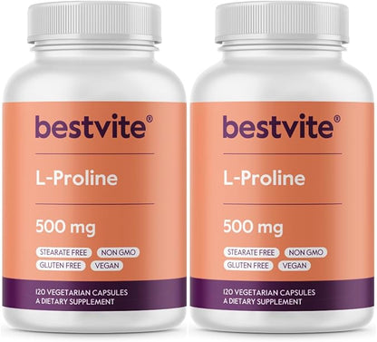 BESTVITE L-Proline 500mg (240 Vegetarian Capsules) (120 x 2) - No Stearates - No Fillers - Vegan - Gluten Free - Non GMO