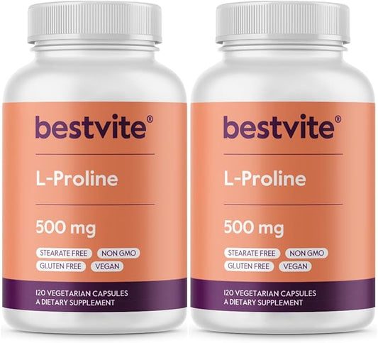 BESTVITE L-Proline 500mg (240 Vegetarian Capsules) (120 x 2) - No Stearates - No Fillers - Vegan - Gluten Free - Non GMO