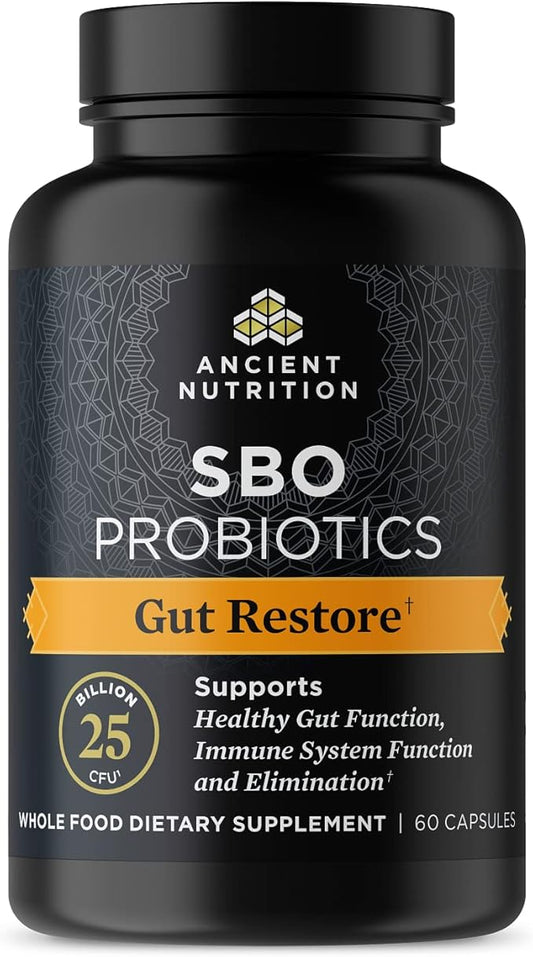 Probiotics by Ancient Nutrition, SBO Probiotics Gut Restore 60 Ct, Promotes Gut Health, Digestive and Immune Support, Gluten Free, Ancient Superfoods Blend, 25 Billion CFUs* Per Serving