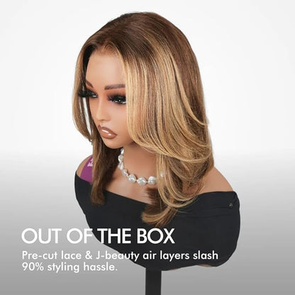 Ombre Lace Front Wig Human Hair stright 9x6 Short Bob Glueless Wigs Human Hair Pre Plucked Pre Cut 200% Density Blonde Highlight wigs For women 8Inch（#4/27 Piano Colored）