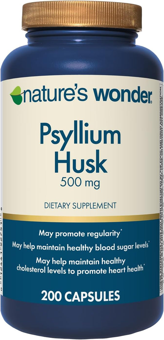 Nature's Wonder Psyllium Husk 500 mg Capsules for Digestive Health, Plant-Based Fiber, 200 Count