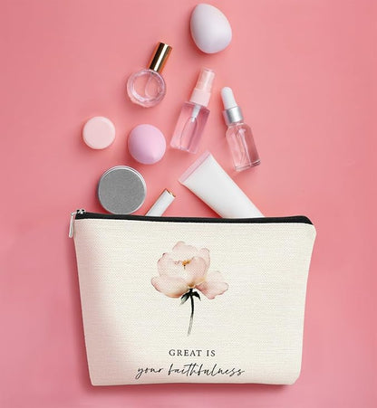 Christian Bible Scripture Great is Your Faithfulness Makeup Bag Cosmetic Pouch Zipper Travel Toiletry Bag,Watercolor Pink Flower Makeup Bag,Christian Gifts for Women Faith