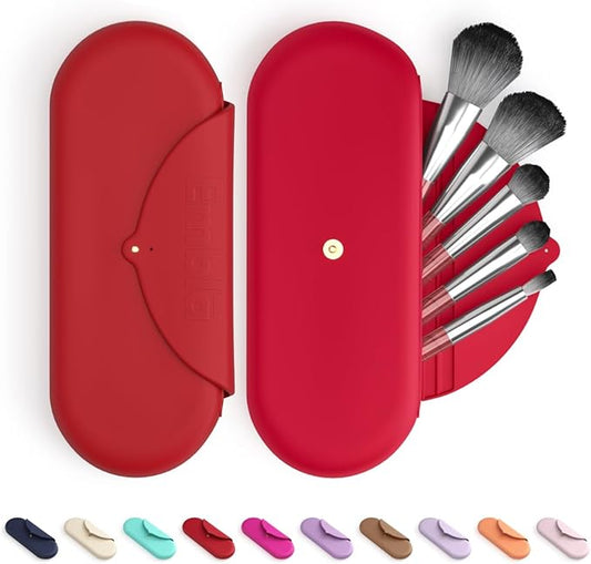 Embla Makeup Brush Holder Travel Cosmetic Case Pouch, Soft Silicone Cosmetic Bag Make Up Brushes Holder with Secure Snap Closure, Travel Makeup Brush Case, Ruby