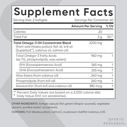 Sports Research Total Omega-3 Fish Oil from Wild Sockeye Salmon, Alaska Pollock, Antarctic Krill, Astaxanthin + Phospholipids & Wax Esters for Absorption | 960mg of EPA & DHA - Fresh Lemon Scent (120