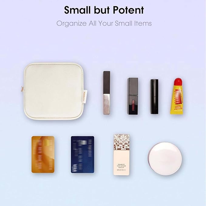 Wandering Nature Small Makeup Bag for Purse Mini Make up Pouch Cute Cosmetic Pouch for Women with Slip-in Pockets Matte Leather, Milky White