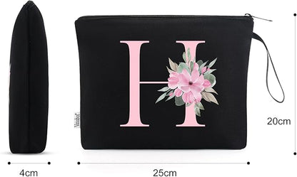 Vavabox A-Z Personalized Makeup Bag, Birthday Gifts for Women Mom, Gifts for Best Friend, Bride Bridesmaid Cosmetic bag (H, Black)