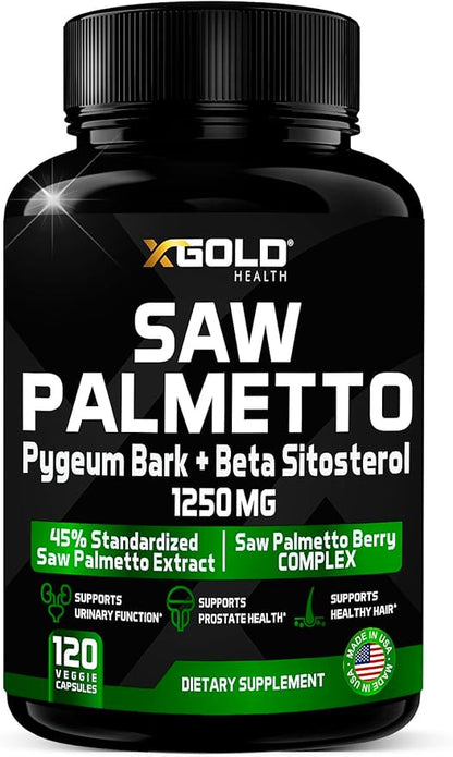 X Gold Health Saw Palmetto Prostate Supplement for Men | Pygeum Bark | Beta Sitosterol Supplement | Potent 3X Formula | Urinary Function Prostate | DHT Blocker Hair Growth | 4 Month Supply Male Pills