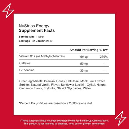 Energy | Natural, Instant Energy Strips with 50mg Caffeine, L-Theanine, Vitamin B12 | 30 Energy Strips = 30 Energy Drinks | 5X Faster Absorption (Cinnamon Vanilla)