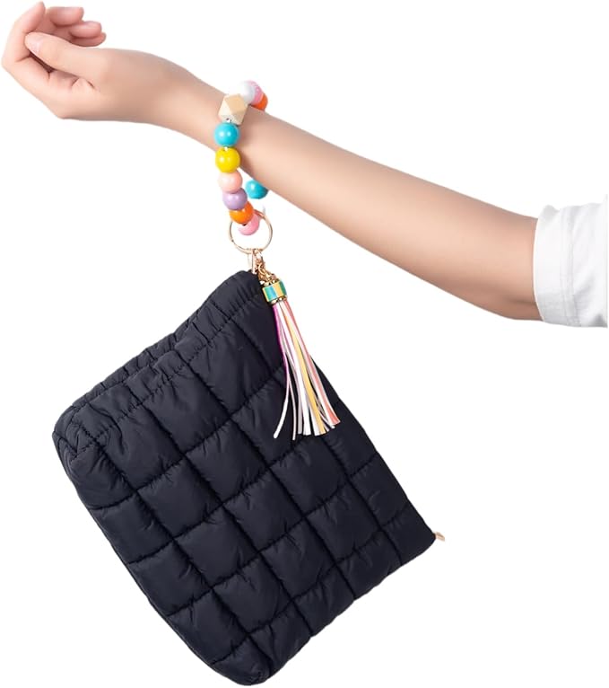 Puffy Makeup Bag Quilted Pouch Puffer Make Up Bag for Purse Cosmetic Bag for Women (Black)
