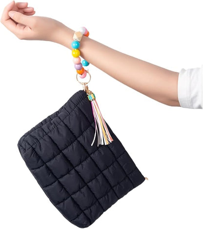 Puffy Makeup Bag Quilted Pouch Puffer Make Up Bag for Purse Cosmetic Bag for Women (Black)