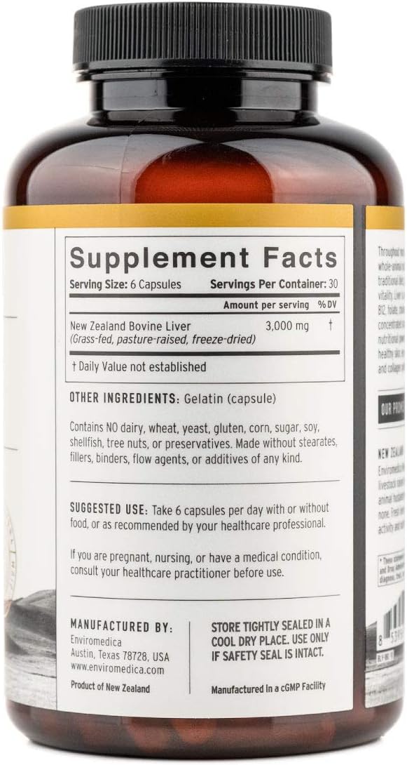 Enviromedica Freeze Dried Beef Liver Natural Energy Supplement Capsules of Pure Grass-Fed, Pastured, New Zealand Bovine with Preformed Vitamin A (180ct)