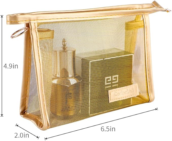 fashion gold mesh triangular zippered cosmetic bag,Visible large capacity Nylon storage bag,Organizing cosmetics and small items for Business Travel bath, Unisex (black 3pcs set)