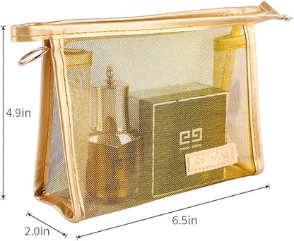 fashion gold mesh triangular zippered cosmetic bag,Visible large capacity Nylon storage bag,Organizing cosmetics and small items for Business Travel bath, Unisex (black 3pcs set)