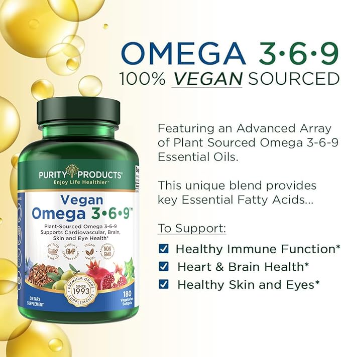 Purity Products Omega 3-6-9 Vegan Omega Formula - “5 in 1” Essential Fatty Acid Complex - Scientifically Formulated Plant-Based Omega 3 6 9 Essential Fatty Acids (EFA) - 3 Month Supply - 180 Softgels