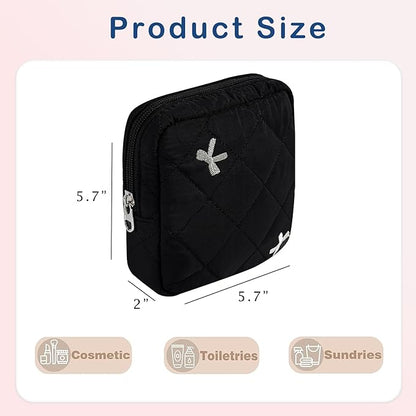 Small Quilted Cotton Makeup Bag for Purse, Cosmetic Bag with Compartments, Cotton Aesthetic Makeup Bag, Travel Toiletry Pouch, Key Pocket Lipstick Bag Card Holder Data Cable Organizer（05Black Bow）