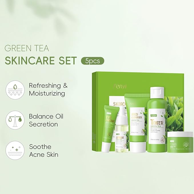 Green Tea Skincare Set For Women & Girls, Green Tea Skin Care Set With Cleanser,Toner,Eye Cream,Face Cream,Serum, Beauty Gifts For Women Girls, Skin Care For Teens 10-12