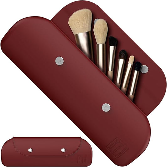 Travel Makeup Brush Holder，Silicone Makeup Brush Holder ，Portable Cosmetic Organiser with Two Upgraded Anti-fall Off Magnetic Clips ， foldable, large capacity -Coffee