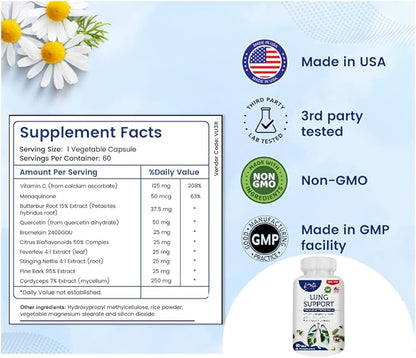 Amate Life Lung Support Dietary Supplements Herbal Breathing Support 10 Active Ingredients Original Formula for Lung Health Lung Cleanse Formula Supplement for Bronchial System 60 Capsules Non GMO