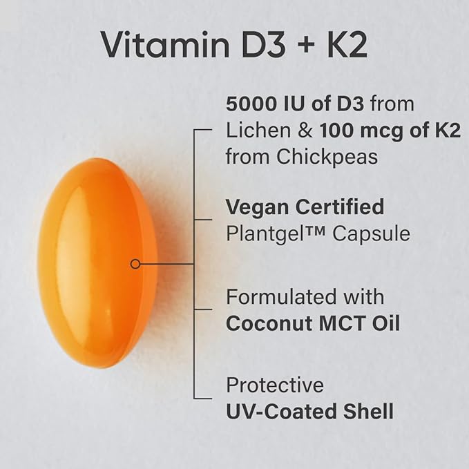 Sports Research Vitamin D3 + K2 with Coconut MCT Oil | Vegan D3 5000 IU with K2 100 mcg for Bone & Immune Health | Vegan Certified, Soy & Gluten Free - 120 Softgels