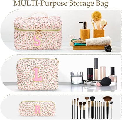 3 PCS Travel Makeup Bag Set, A-Z Initials Cotton Make up Bag Floral Quilted Cosmetic Bag for Girls and Women, Personalized Cute Toiletry Bag Travel Accessories Brushes Bag Blue - T