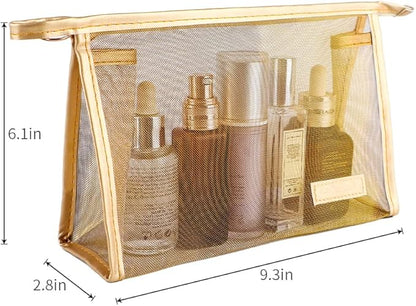 fashion gold mesh triangular zippered cosmetic bag,Visible large capacity Nylon storage bag,Organizing cosmetics and small items for Business Travel bath, Unisex (black 3pcs set)