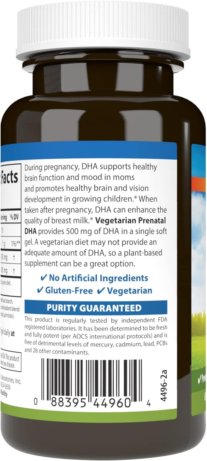 Carlson - Vegetarian Prenatal DHA, 500 mg DHA, Plant Based, Sustainably Sourced from Algae, Prenatal Support, Fetal Development, 60 Softgels