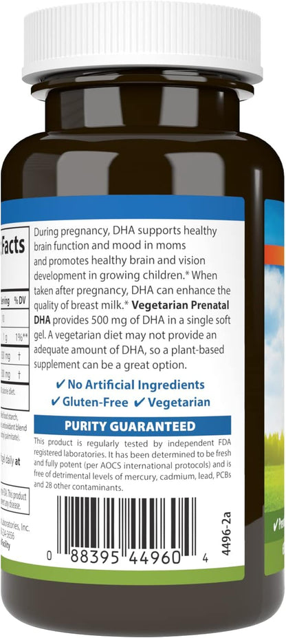 Carlson - Vegetarian Prenatal DHA, 500 mg DHA, Plant Based, Sustainably Sourced from Algae, Prenatal Support, Fetal Development, 60 Softgels