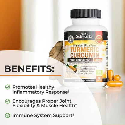 Turmeric Curcumin with Black Pepper Extract 1500mg - High Absorption Ultra Potent Turmeric Supplement with 95% Curcuminoids and BioPerine - Non GMO Tumeric Capsules for Joint Support - 90 Capsules