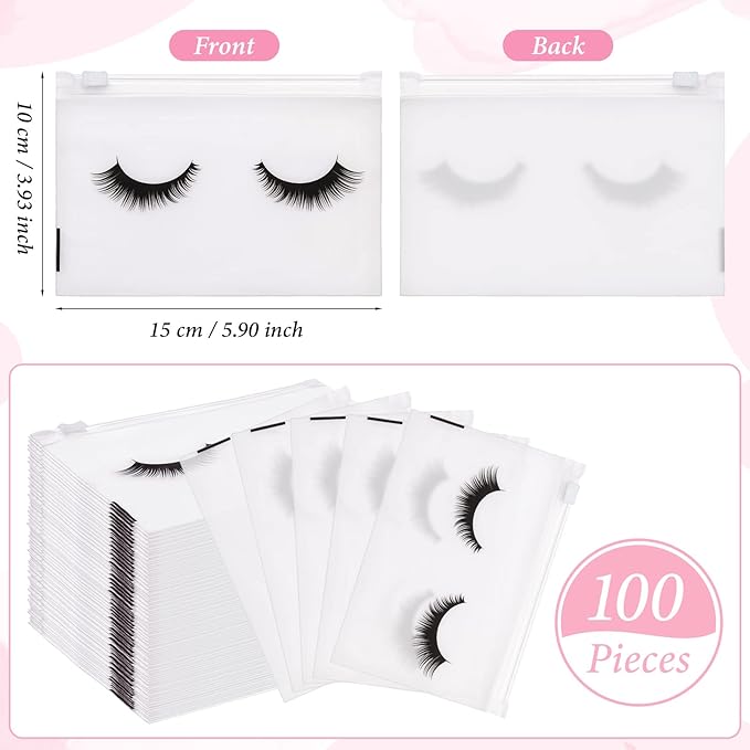 Noverlife 100PCS Eyelash Makeup Bags - Waterproof Plastic Makeup Bags with Zipper, Toiletry Pouch Cosmetic Bags for Clients