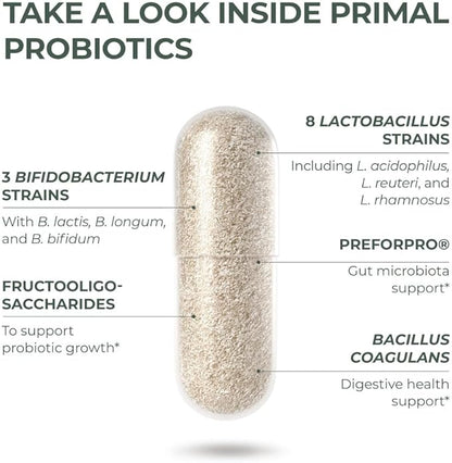 Primal Harvest PREbiotics and PRObiotics for Women & Men, 30 Oral Capsules for Gut Health, 12 Dynamic Strains