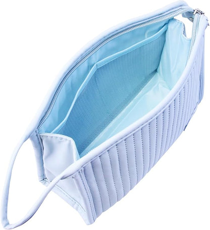 Small Makeup Bag Simple Cosmetic Pouch, Water Resistant PU Striped Leather Portable Travel Toiletry Bag with Handle for Women and Girls (Light Blue)